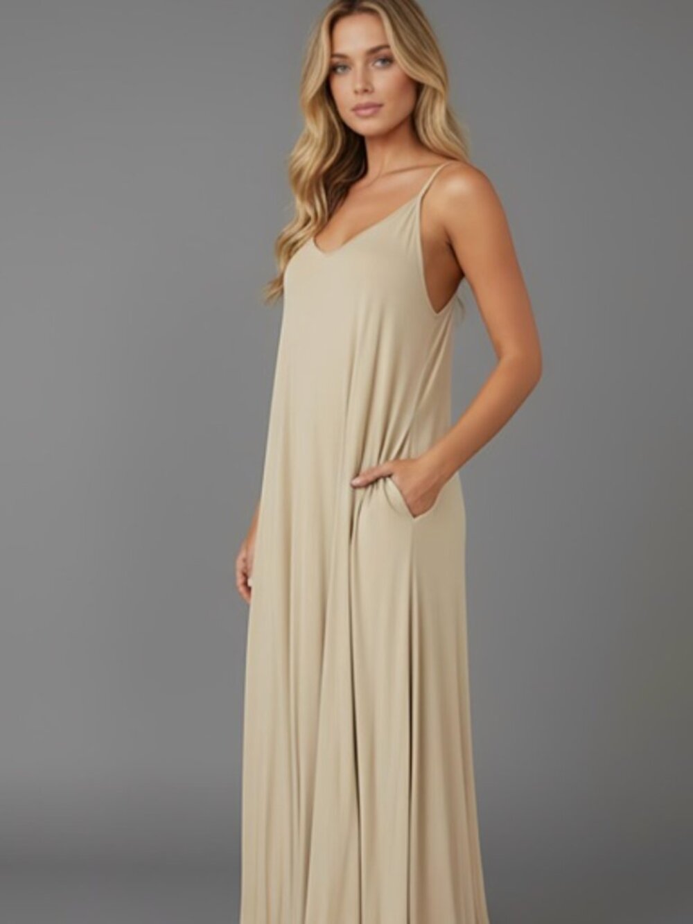 Beige Cami Dress With Pockets